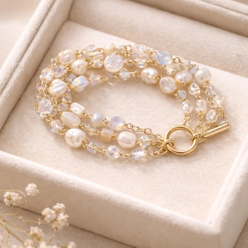 Cookie Lee Freshwater Pearl Moonstone Multi-Strand Bracelet Gold Toggle Crystal